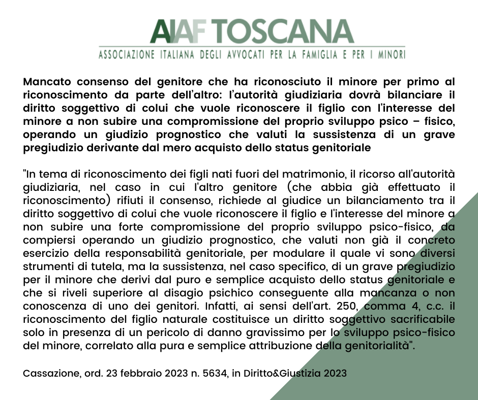 Rassegna Giurisprudenziale: Mancato consenso del genitore che ha riconosciuto il minore per primo al riconoscimento da parte dell’altro